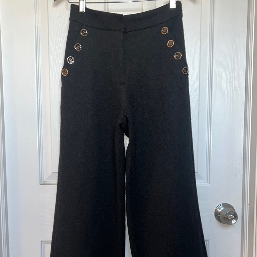 Chic Black Wide-Leg Pants with Gold Button Accents